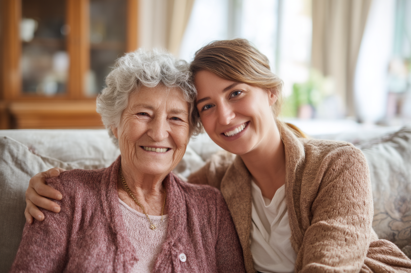 Pflegekraft und Seniorin lächeln in heimischer Umgebung